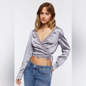 Forever 21 Satin lace-trim wrap crop top